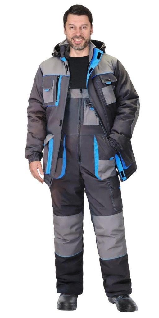 Костюм мужской утепленный «Двин» (куртка удл.+п/к) т. серый/ср. серый/голубой (ЧЗ)